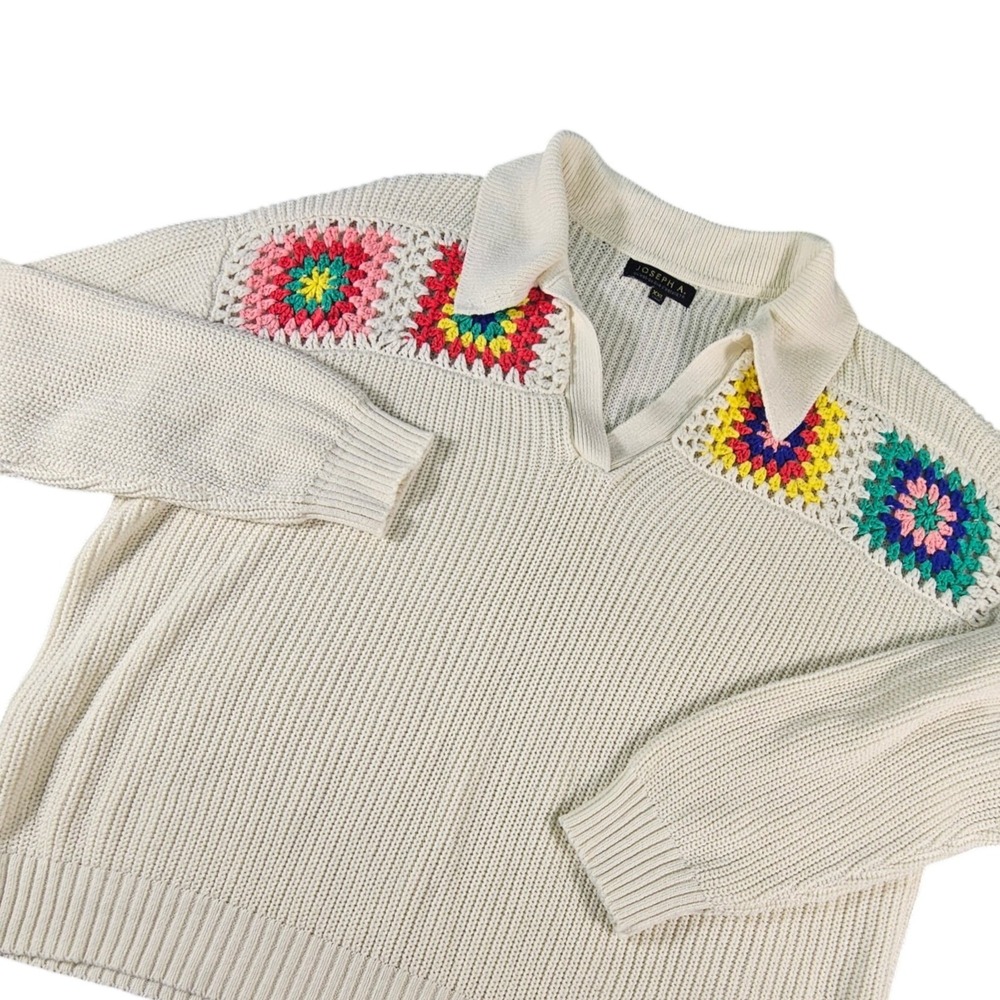 Joseph A. XXL Cream Knit Sweater Granny Square Crochet Boho Pullover Plus Size‎